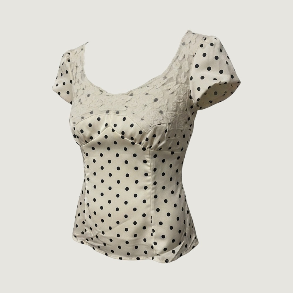 Peach Polka Dot Lace Sweetheart Blouse Cream Black Satin Feel Side Zip Small